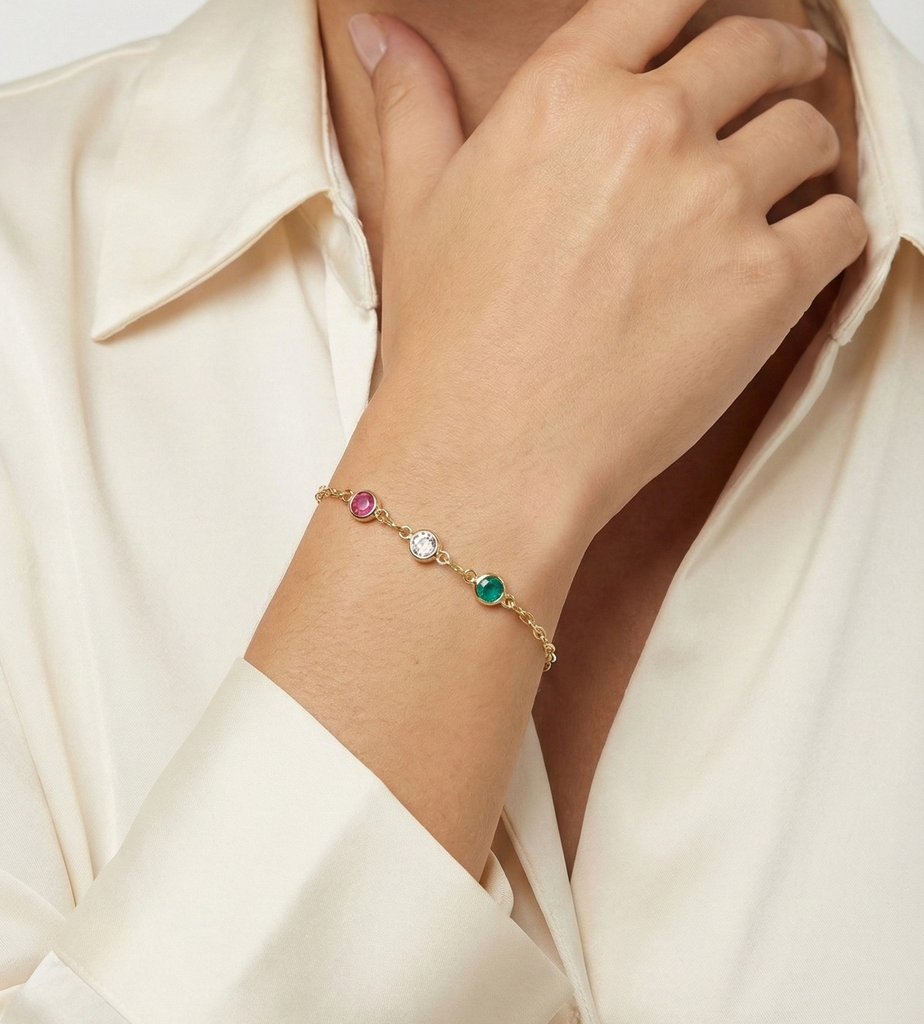 Pulsera 3 cristales redondos, Rosado, cristal Aqua